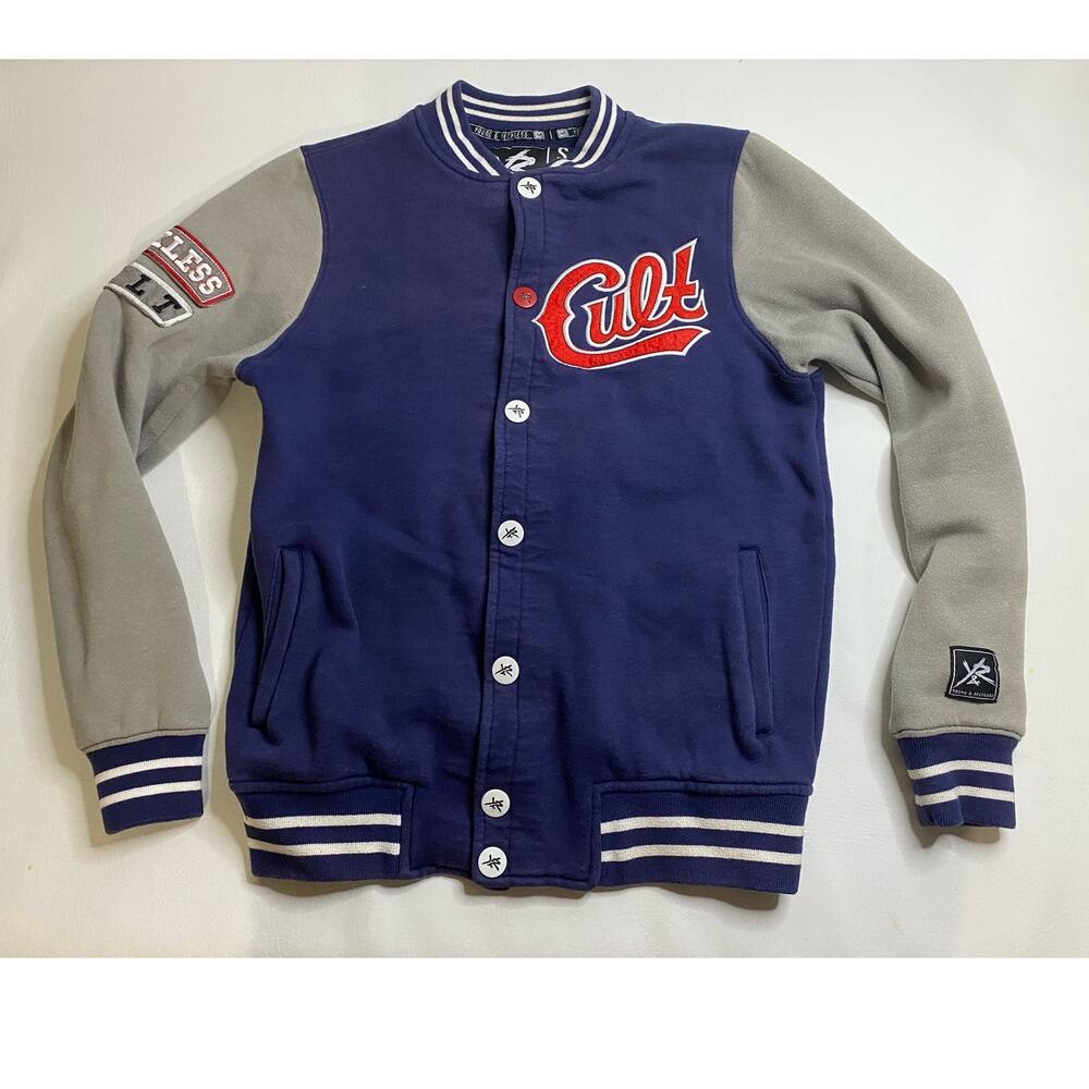 Young & Reckless Cult 1986 Blue Gray Varsity Bomber Jacket Mens Small Y&R